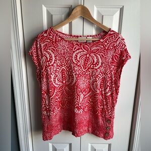 Rachel Zoe Womens Red Floral Linen Short Sleeve Shirt Size Large